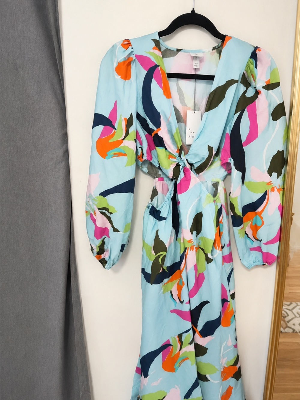 Light Blue Abstract Floral Tie-Front Midi Dress